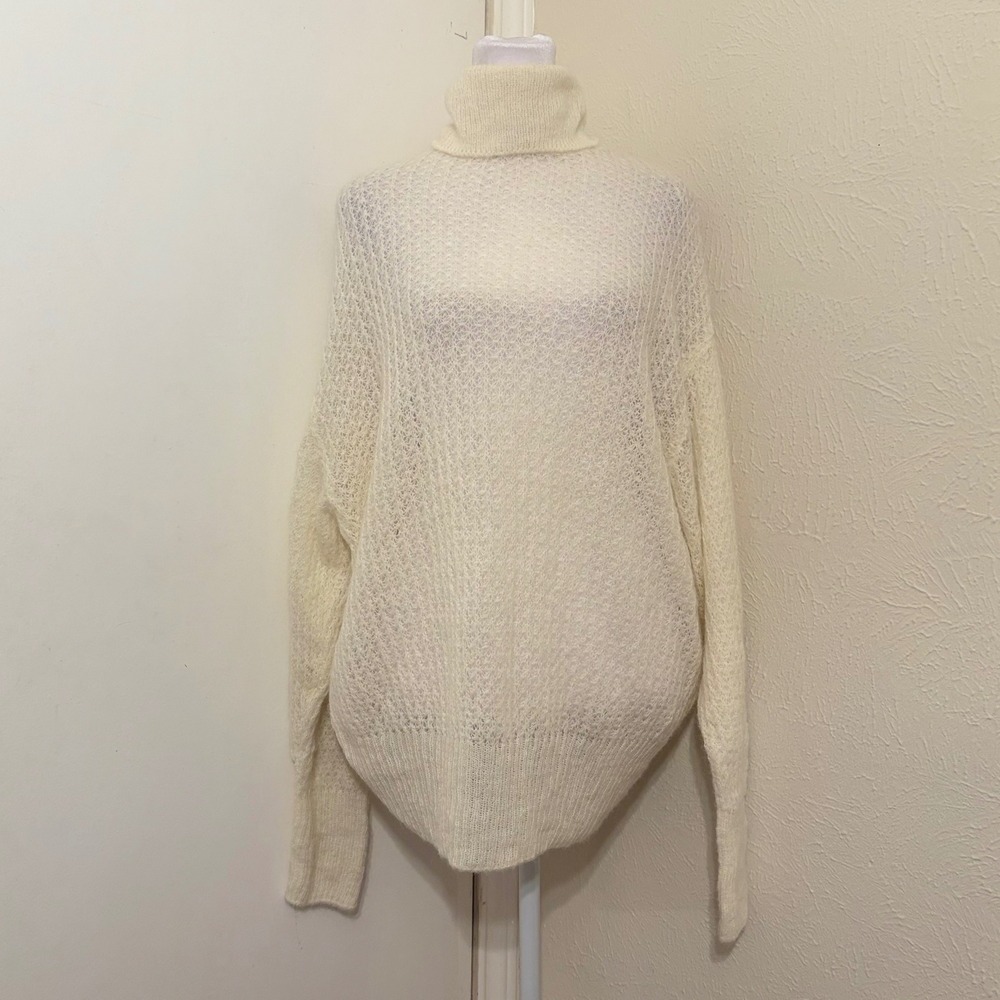 Zara Womens Small Cream Alpaca Blend Lace Knit Turtleneck Oversized Sweater